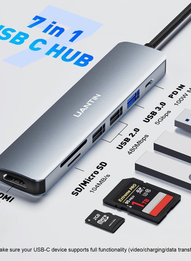 UANTIN محور USB C 7 في 1 محول متعدد المنافذ مع دونجل HDMI بدقة 4K، 100 واط PD، قارئ بطاقات SD/TF، 3 USB-A، محطة إرساء USBC لجهاز MacBook Mac Pro/Air، Dell، HP، ASUS، Acer وأجهزة الكمبيوتر المحمولة الأخرى من نوع C - Image 2
