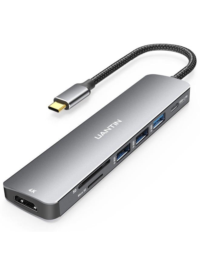 UANTIN محور USB C 7 في 1 محول متعدد المنافذ مع دونجل HDMI بدقة 4K، 100 واط PD، قارئ بطاقات SD/TF، 3 USB-A، محطة إرساء USBC لجهاز MacBook Mac Pro/Air، Dell، HP، ASUS، Acer وأجهزة الكمبيوتر المحمولة الأخرى من نوع C - Image 1
