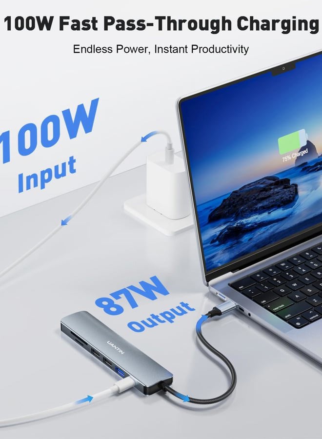 UANTIN محور USB C 7 في 1 محول متعدد المنافذ مع دونجل HDMI بدقة 4K، 100 واط PD، قارئ بطاقات SD/TF، 3 USB-A، محطة إرساء USBC لجهاز MacBook Mac Pro/Air، Dell، HP، ASUS، Acer وأجهزة الكمبيوتر المحمولة الأخرى من نوع C - Image 4