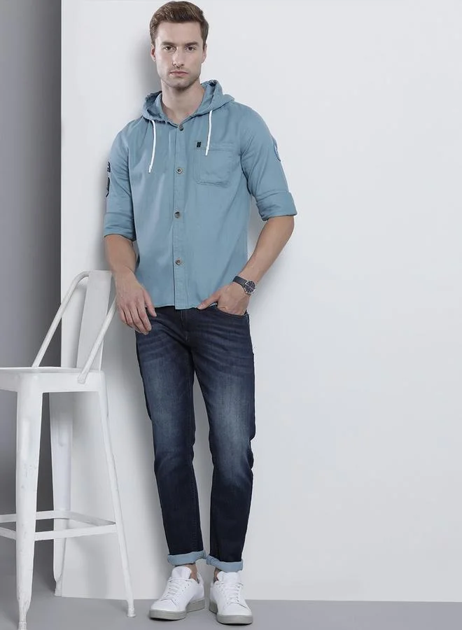 The Indian Garage Co Men Blue Solid Hooded Shirt