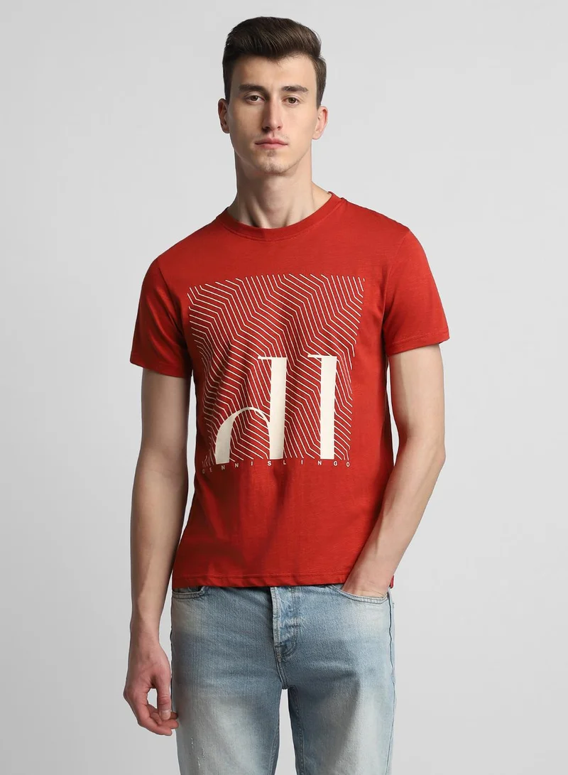 Dennis Lingo Rust Slim Fit Printed Crew Neck T-shirt for Men - 100% Cotton, Half Sleeves, Casual