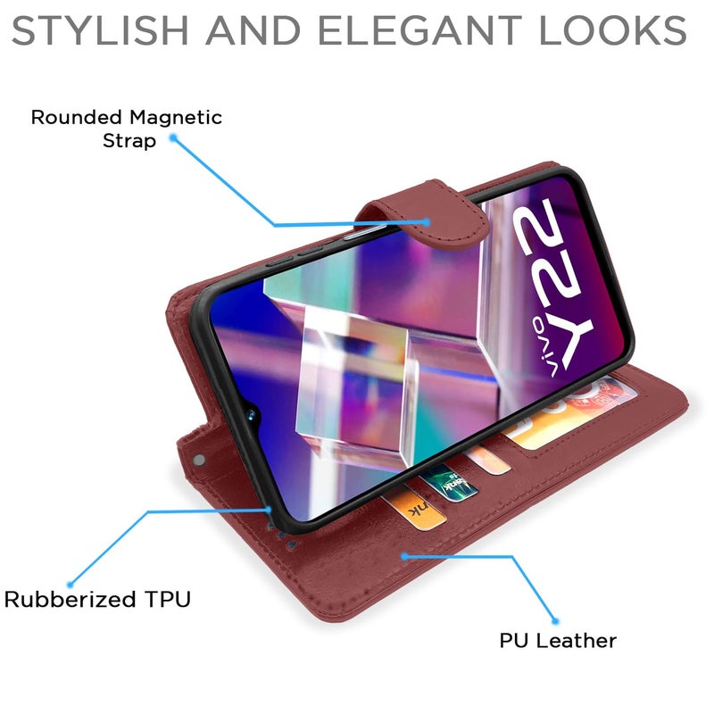 Pikkme Vivo Y22 Flip Case Leather Finish | Inside TPU with Card Pockets | Wallet Stand and Shock Proof | Magnetic Closing | Complete Protection Flip Cover for Vivo Y22 (Brown) - Image 3