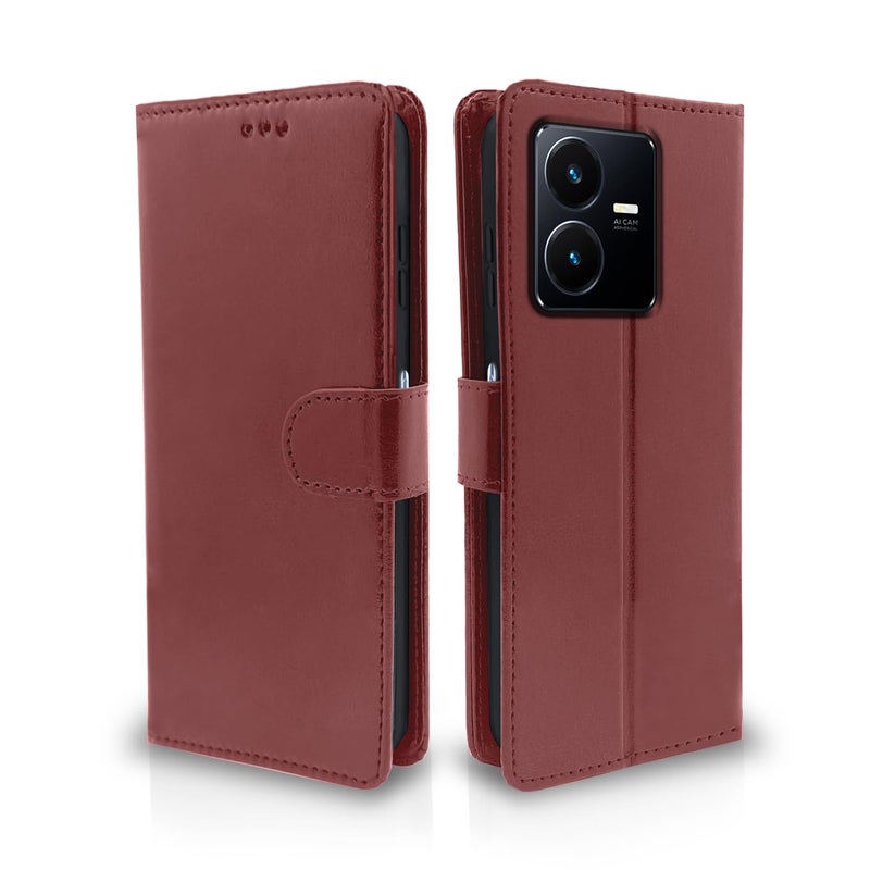 Pikkme Vivo Y22 Flip Case Leather Finish | Inside TPU with Card Pockets | Wallet Stand and Shock Proof | Magnetic Closing | Complete Protection Flip Cover for Vivo Y22 (Brown) - Image 1