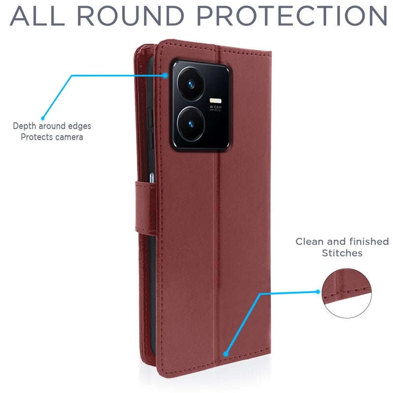 Pikkme Vivo Y22 Flip Case Leather Finish | Inside TPU with Card Pockets | Wallet Stand and Shock Proof | Magnetic Closing | Complete Protection Flip Cover for Vivo Y22 (Brown) - Image 4