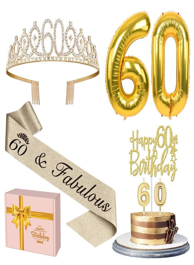 YeohJoy 60th Birthday Decorations for Women With Sash, Tiara, Cake Topper, Candles, and Big Gold Balloons - Birthday Gifts (Gold) - Image 1