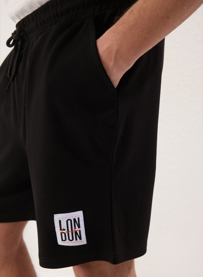 Black Regular Cut London Labeled Textured Pique Shorts & Bermudas