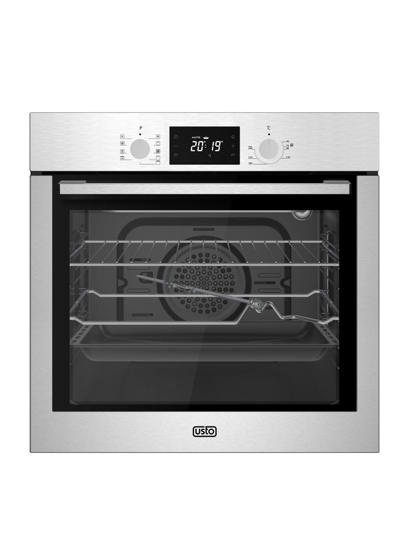 Usto Turkish Electric Oven, Built-in, Steel, 60 Cm, 60L, 10 Functions, Digital Display, Timer, Grill, Turbo Fan, Triple Glass - ASB 610SSE
