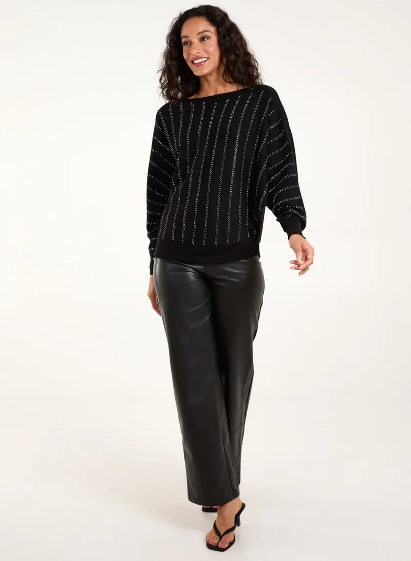 Blue Vanilla Striped Diamante Batwing Jumper