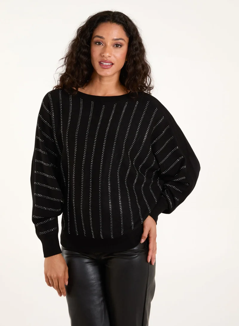 Blue Vanilla Striped Diamante Batwing Jumper