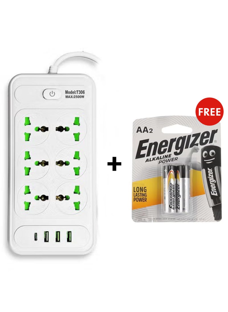 T206 Multi-Outlet Power Strip – 2500W – 6 Power Outlets with Over-Current Protection, 3 USB Ports and a Type-C Port for Fast Charging – Powerful and Safe Extension Cord for Home and Office Use – Sleek and Modern White Design & Battery AA2 Alkaline Power , Long Lasting Power 1.5 VoltsBundle - Image 1
