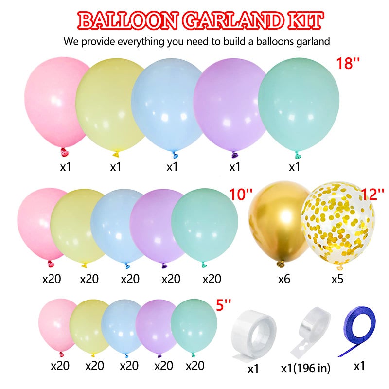 KAWKALSH 219Pcs Rainbow Balloons Garland Arch Kit Different Sizes Latex Balloons Assorted Pastel Party Balloons Arch for Birthday Baby Shower Wedding Engagement Anniversary Party Decorations - Image 2