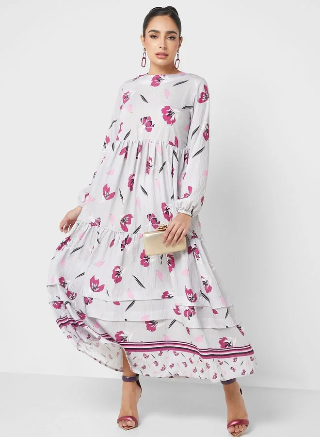Refka by modanisa Floral Print Puff Sleeve Tiered Dress