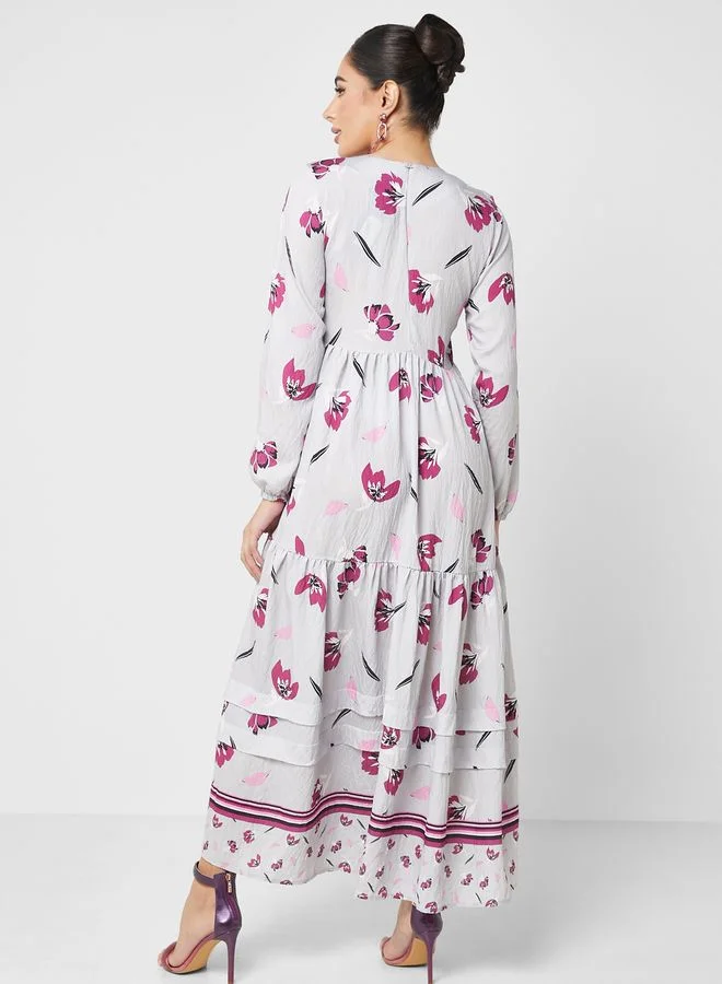 Refka by modanisa Floral Print Puff Sleeve Tiered Dress
