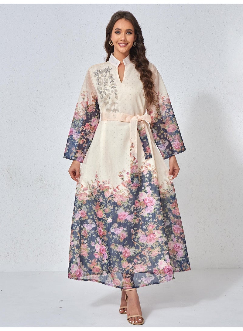 Kaiyuede Dubai Gradient Floral Print Beige Belted Abaya | Rhinestone Embroidery Opaque Lined Glitter Dress - Image 1