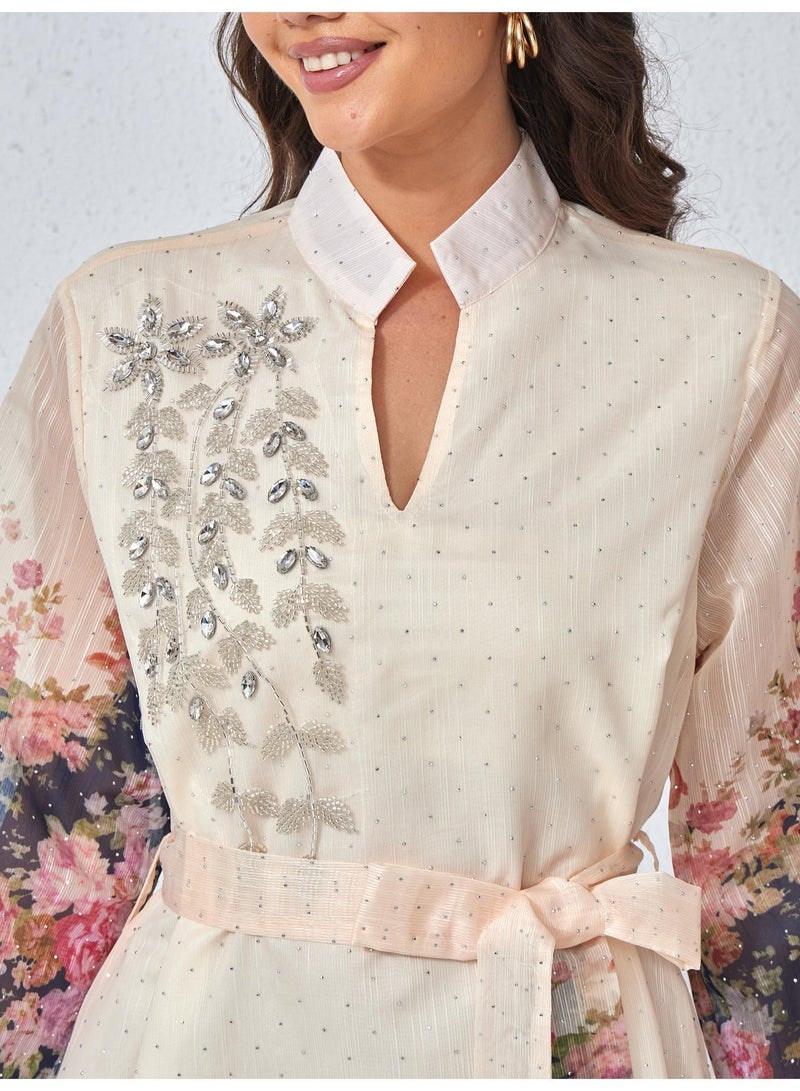 Kaiyuede Dubai Gradient Floral Print Beige Belted Abaya | Rhinestone Embroidery Opaque Lined Glitter Dress - Image 3