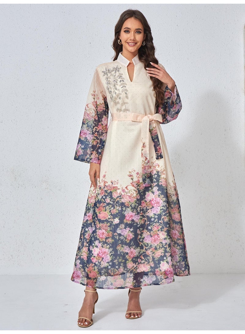 Kaiyuede Dubai Gradient Floral Print Beige Belted Abaya | Rhinestone Embroidery Opaque Lined Glitter Dress - Image 4