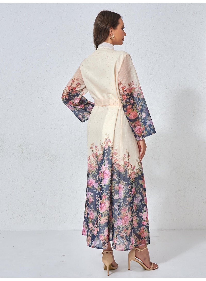 Kaiyuede Dubai Gradient Floral Print Beige Belted Abaya | Rhinestone Embroidery Opaque Lined Glitter Dress - Image 2