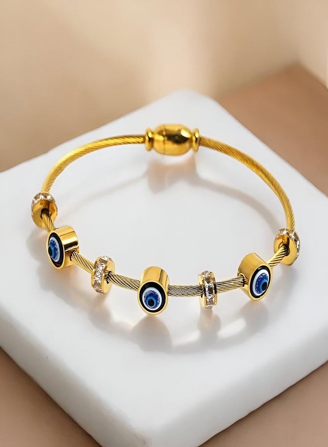 Inites Trending Blue Evil Eye Charm Bracelet for Women | Golden Anti Tarnish Bracelet | Stylish Evil Eye Protection Magnet Cuff Bangle Bracelet Kada for Girls & Womens | Aesthetic Jewellery for Womens - Image 4