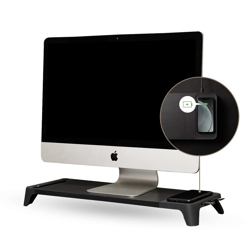 POUT E8 Wood Desk Monitor Computer Stand Riser Shelf  USB HUB  Qi Fast Wireless Charging Charger Pad Mat for Laptop Apple iMac PC iPhone Samsung Galaxy Airpod 2 Buds Black