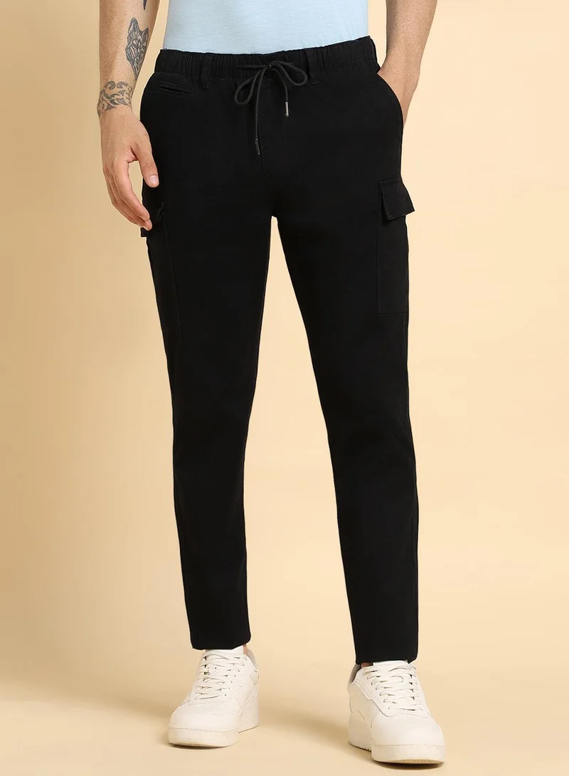 Dennis Lingo Black Slim Fit Cargo Pants for Men - Cotton Lycra, Full Length, Mid Rise, Casual
