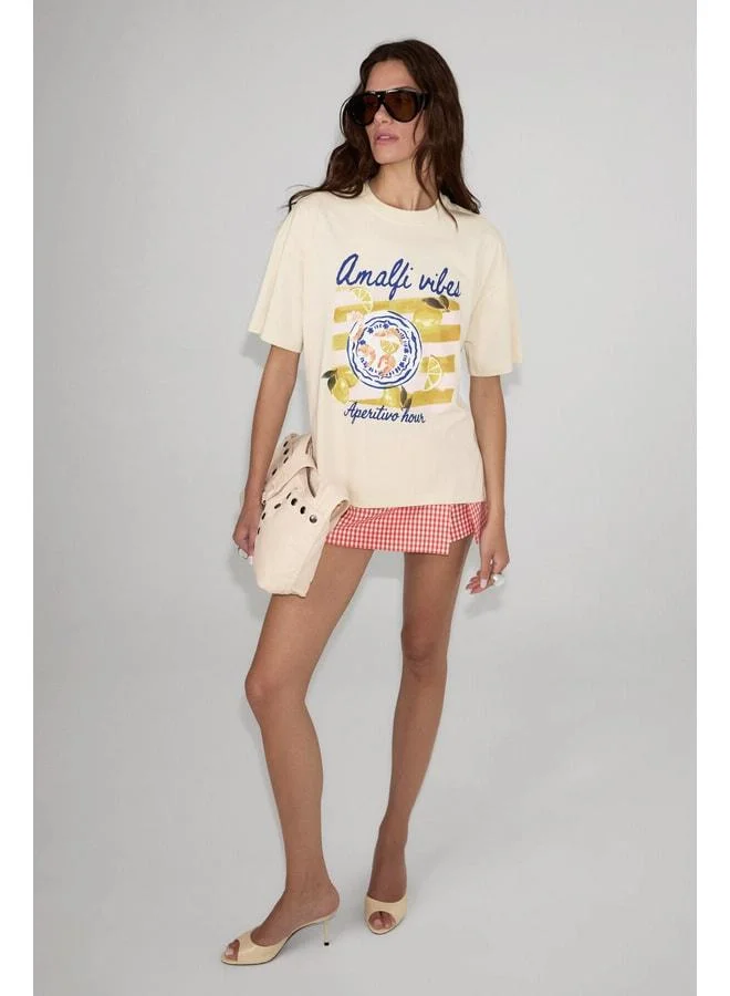GRIMELANGE WUNA Women's Soft Fabric 100% Organic Cotton Print Detailed Yellow T-Shirt.
