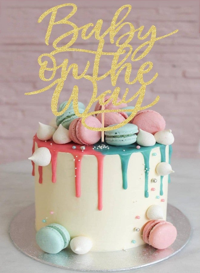 AHAORAY Baby On The Way Cake Topper - Gold Glitter Baby Shower/Gender Reveal Party/Birthday Party Cake Decoration Supplies for Photo Booth Props - Image 2
