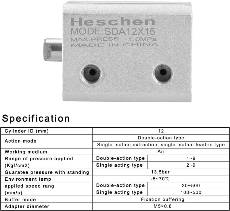 Heschen Pneumatic Compact Aluminum Air Cylinder, SDA 12-15, Bore 12mm, Stroke 15mm, M5 Port Size, Double Acting - Image 2