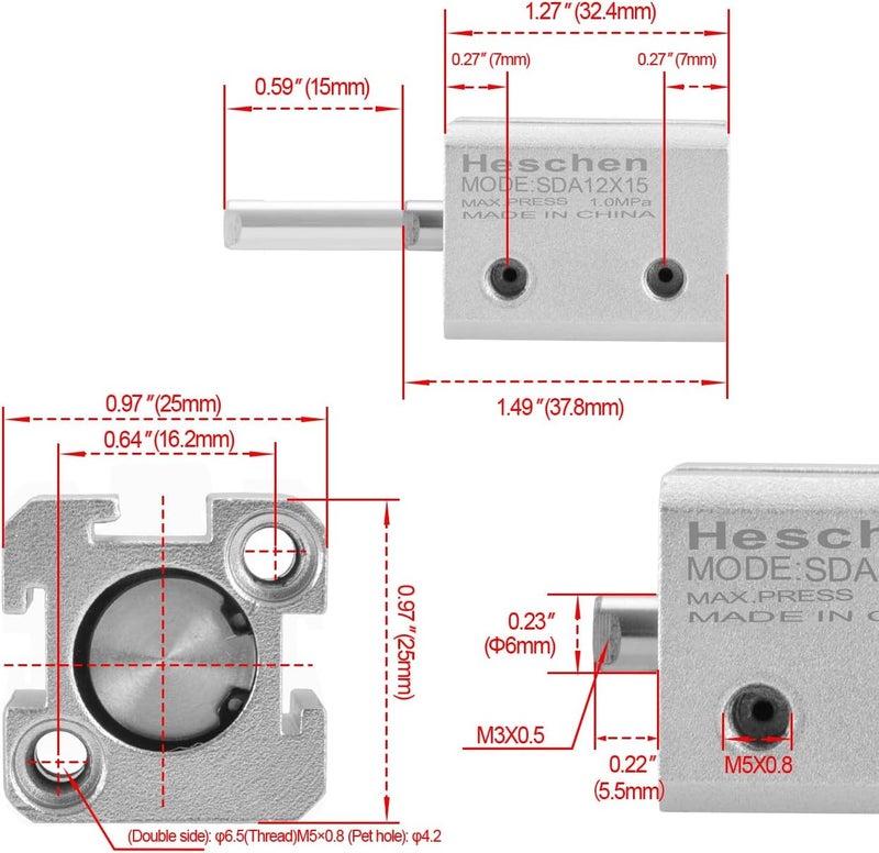 Heschen Pneumatic Compact Aluminum Air Cylinder, SDA 12-15, Bore 12mm, Stroke 15mm, M5 Port Size, Double Acting - Image 3