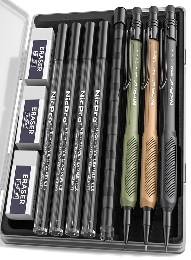 Nicpro 3 PCS 1.3 mm Mechanical Pencils Set 3 Colors with 51 Lead Refill, 3 Eraser - Weatherproof Barrel Pencil, Heavy Duty Carpenter Pencil HD1000 for Outdoor Marking Drafting Drawing Woodworking - Image 1