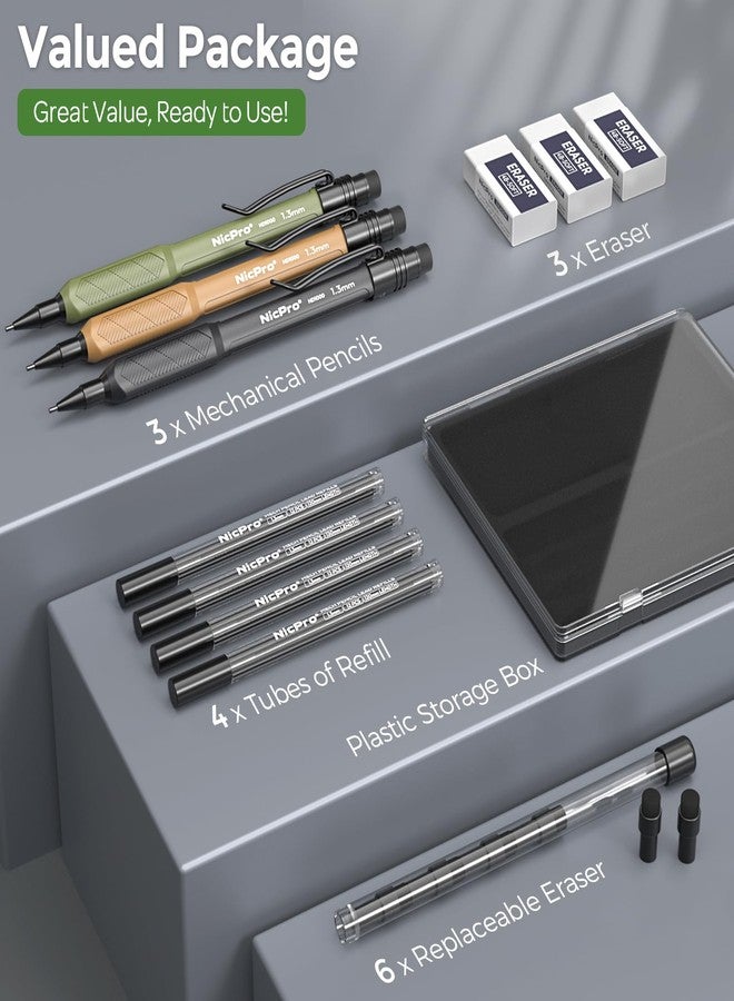 Nicpro 3 PCS 1.3 mm Mechanical Pencils Set 3 Colors with 51 Lead Refill, 3 Eraser - Weatherproof Barrel Pencil, Heavy Duty Carpenter Pencil HD1000 for Outdoor Marking Drafting Drawing Woodworking - Image 3