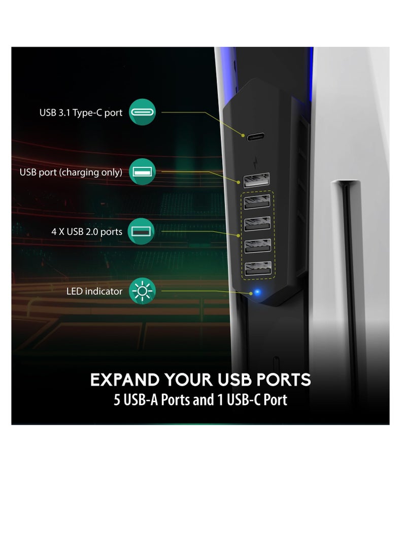 Excefore - 5 Port USB Hub for PS5, 5 Port High-Speed USB Expansion Hub Extender Splitter Charger for Playstation 5 (Disc/Digital Edition),, 4 USB + 1 USB Charging + 1 Type C Port (NOT for 2023 PS5 Slim) - Image 1