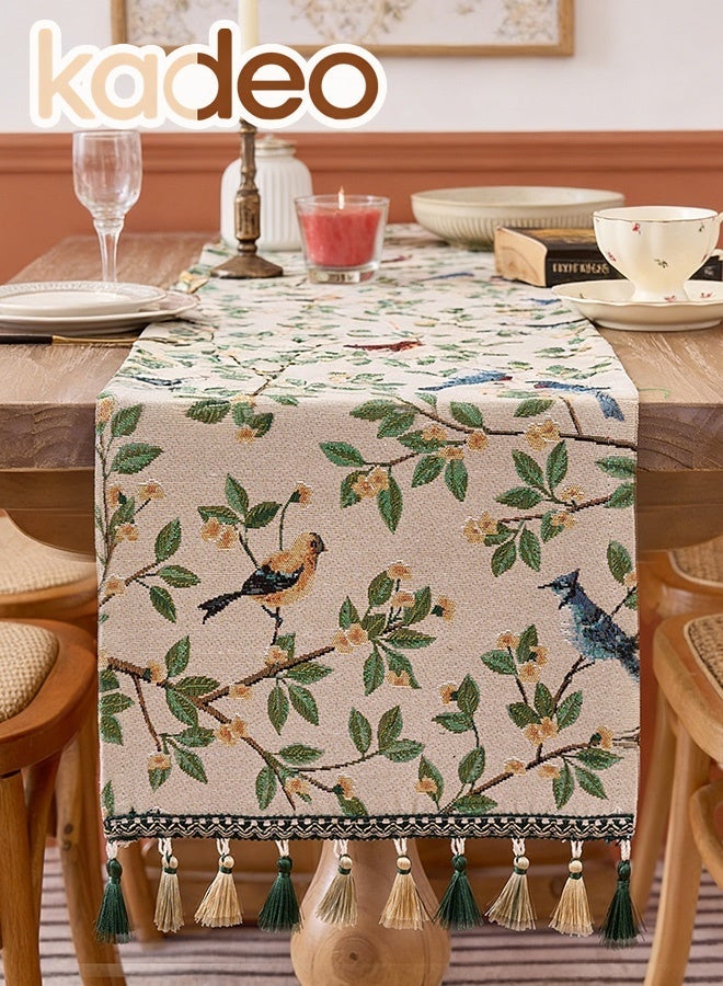 kadeo Table Runner with Tassels, Tree Bird Flower Vintage Jacquard Embroidery Pattern, Kitchen Dining Table Decoration, Table Cover for Party, Dinner, Wedding, Kitchen Decoration 30*220CM - Image 1