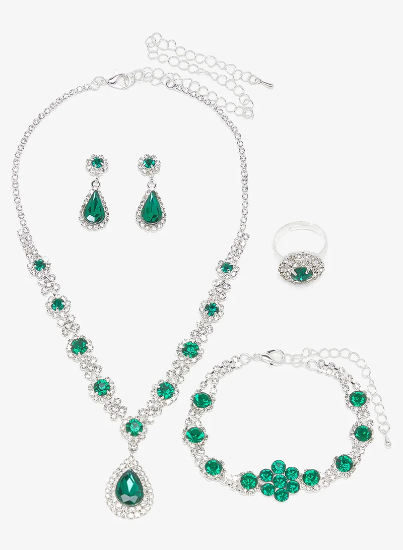 Khizana Green Diamonte Jewelry Set With Earrings Necklace Bracelet Ring