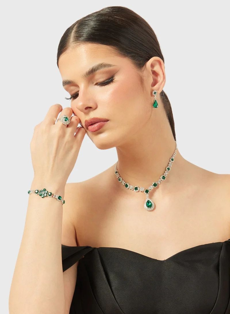 Khizana Green Diamonte Jewelry Set With Earrings Necklace Bracelet Ring