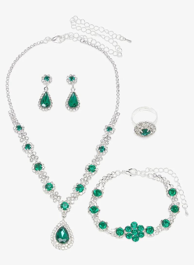 Khizana Green Diamonte Jewelry Set With Earrings Necklace Bracelet Ring