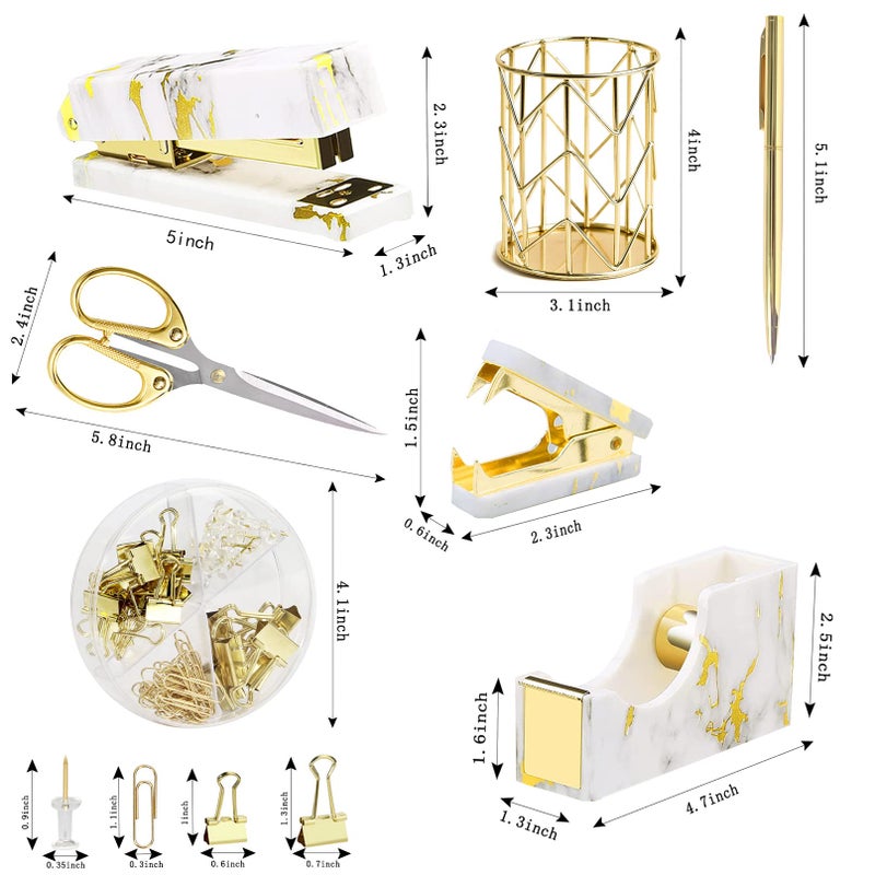 Famassi Gold Marble Desk Accessories, Office Supplies Set Stapler Set Staple Remover, Tape Holder, Pen Holder, 2 Ballpoint Pen, Scissor, Binder Clips, Paper Clips and 1000pcs Staples. - Image 2