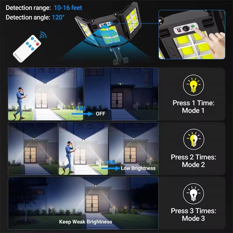 TRIVYOM Solar Street Light for Motion Sensor 3 Heads 270 Wide Angle Solar Powered Flood 3 Modes Light for Yard Fence Garages LED Lights with Remote 1Pcs Black - Image 4