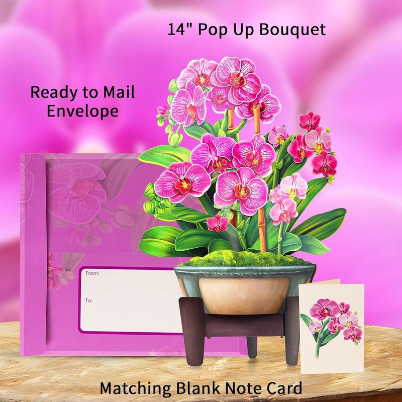 Airpark Pop Up Flower Card, 3D Paper Flowers Bouquet – 14" Orchids, Birthday, Mother’s Day, Get Well Greeting Cards with Note Card & Envelope - Image 3
