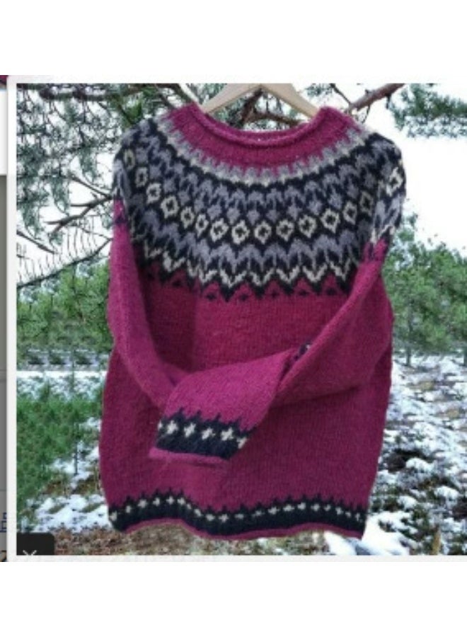 general Womens Fall Vintage Fair Isle Sweater Casual Loose Long Sleeve Crewneck Knitted Pullover Sweater Tops - Image 1