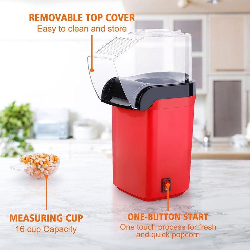 Red Electric Hot Air Popcorn Popper Machine | Mini Tabletop Popcorn Maker with Removable Measuring Cup | Oil-Free Healthy Snack Maker for Home, Cinema Nights & Kids Parties | Easy to Clean - Image 4