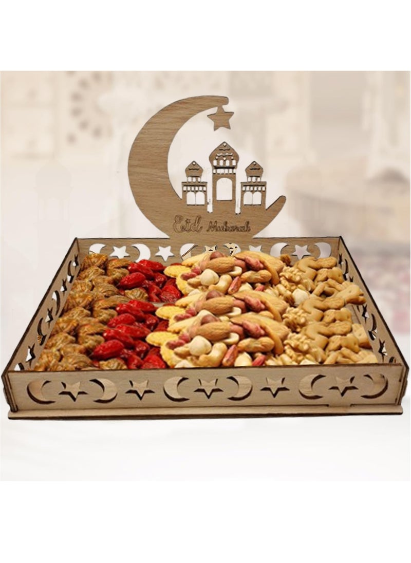 VUCATIN صينية خشبية لرمضان لتقديم الطعام في حفلات عيد الأضحى، صينية خشبية للإفطار والعشاء، حامل عرض للحلويات والمعجنات، زينة (خشبية)  - Image 1