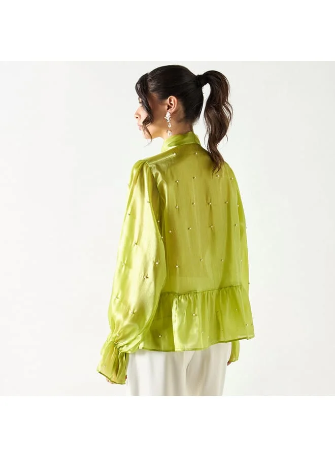 2Xtremz 2Xtremz All-Over Embellished Top with Bow Neck and Bell Sleeves