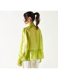 2Xtremz 2Xtremz All-Over Embellished Top with Bow Neck and Bell Sleeves  - Image 4