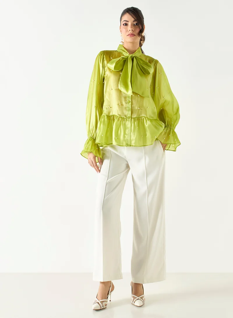 2Xtremz 2Xtremz All-Over Embellished Top with Bow Neck and Bell Sleeves