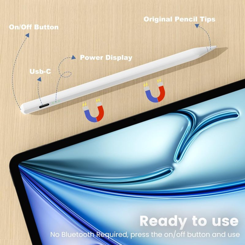 iPad Pencil: 3 Spare Nibs, Sleek White Design With Convenient Button Switch - 3 Indicator Lights Show Remaining Power, Anti-Accidental Touch Feature for iPad 10th, 11, 12.9 Inch, Air, Pro, Mini Models - Image 5
