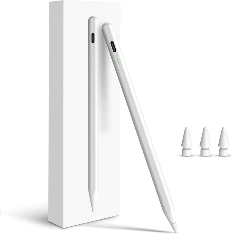 iPad Pencil: 3 Spare Nibs, Sleek White Design With Convenient Button Switch - 3 Indicator Lights Show Remaining Power, Anti-Accidental Touch Feature for iPad 10th, 11, 12.9 Inch, Air, Pro, Mini Models - Image 1