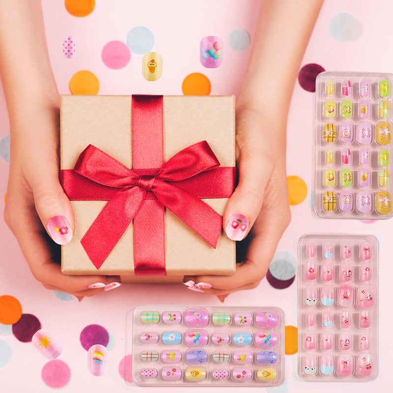 Thrilez 144 Pcs Kids Press on Nails - Short Acrylic Fake Nails with Cute Designs for Girls Age 8-12, Easy Stick On Nail Art Kit (A) - Image 3