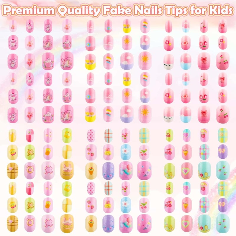 Thrilez 144 Pcs Kids Press on Nails - Short Acrylic Fake Nails with Cute Designs for Girls Age 8-12, Easy Stick On Nail Art Kit (A) - Image 2