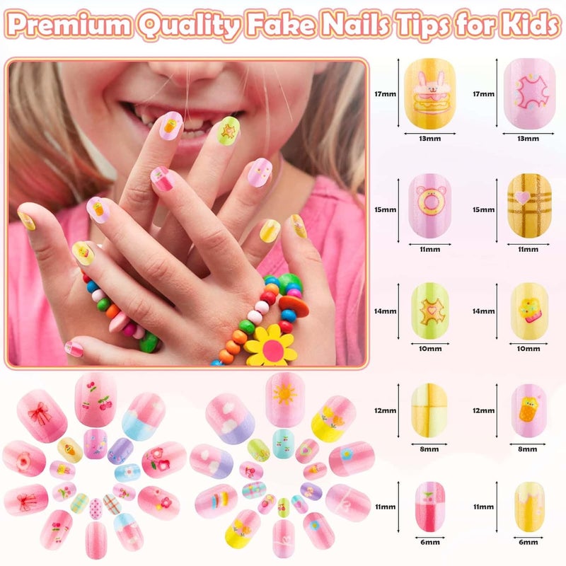 Thrilez 144 Pcs Kids Press on Nails - Short Acrylic Fake Nails with Cute Designs for Girls Age 8-12, Easy Stick On Nail Art Kit (A) - Image 5