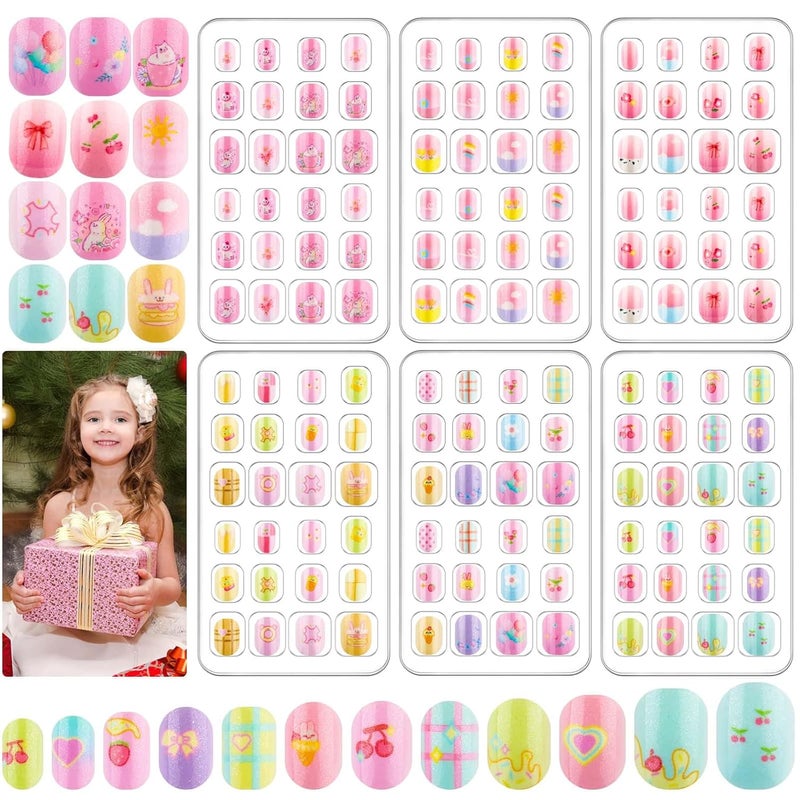 Thrilez 144 Pcs Kids Press on Nails - Short Acrylic Fake Nails with Cute Designs for Girls Age 8-12, Easy Stick On Nail Art Kit (A) - Image 1
